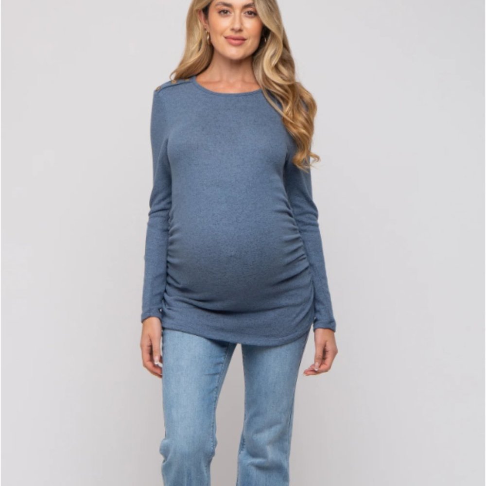 Pink Blush PinkBlush Blue Soft Knit Button Shoulder Ruched Side Maternity Top
